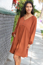 Load image into Gallery viewer, Rust Crepe V Neck Raglan Babydoll Dress
