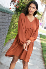 Load image into Gallery viewer, Rust Crepe V Neck Raglan Babydoll Dress
