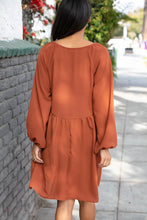 Load image into Gallery viewer, Rust Crepe V Neck Raglan Babydoll Dress
