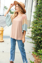 Load image into Gallery viewer, Beige Rib Two-Tone Color Block Bell Sleeve Top
