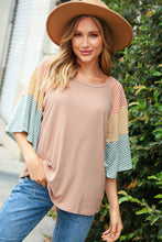 Load image into Gallery viewer, Beige Rib Two-Tone Color Block Bell Sleeve Top
