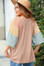 Load image into Gallery viewer, Beige Rib Two-Tone Color Block Bell Sleeve Top
