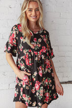 Load image into Gallery viewer, Black and Floral Elbow Length Swing Pocketed Dress

