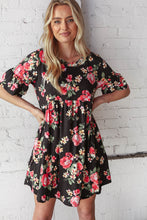 Load image into Gallery viewer, Black and Floral Elbow Length Swing Pocketed Dress
