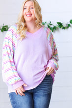 Load image into Gallery viewer, Lavender Two Tone Multi Color Stripe Raglan Top
