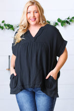 Load image into Gallery viewer, Black Cotton Banded V Neck Frayed Pocketed Top
