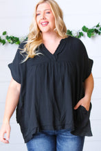 Load image into Gallery viewer, Black Cotton Banded V Neck Frayed Pocketed Top
