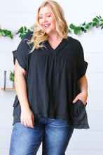 Load image into Gallery viewer, Black Cotton Banded V Neck Frayed Pocketed Top
