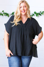 Load image into Gallery viewer, Black Cotton Banded V Neck Frayed Pocketed Top
