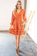 Load image into Gallery viewer, Persimmon Stripe Floral Surplice Fit &amp; Flare Ruffle Dress
