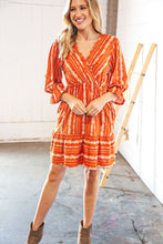 Load image into Gallery viewer, Persimmon Stripe Floral Surplice Fit &amp; Flare Ruffle Dress
