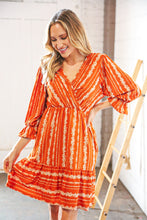 Load image into Gallery viewer, Persimmon Stripe Floral Surplice Fit &amp; Flare Ruffle Dress
