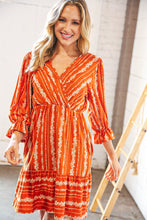 Load image into Gallery viewer, Persimmon Stripe Floral Surplice Fit &amp; Flare Ruffle Dress
