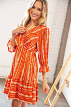 Load image into Gallery viewer, Persimmon Stripe Floral Surplice Fit &amp; Flare Ruffle Dress
