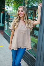 Load image into Gallery viewer, Beige Linen V Neck Ruffle Sleeve Leopard Color Block Top
