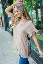 Load image into Gallery viewer, Beige Linen V Neck Ruffle Sleeve Leopard Color Block Top
