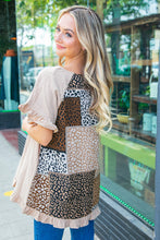 Load image into Gallery viewer, Beige Linen V Neck Ruffle Sleeve Leopard Color Block Top
