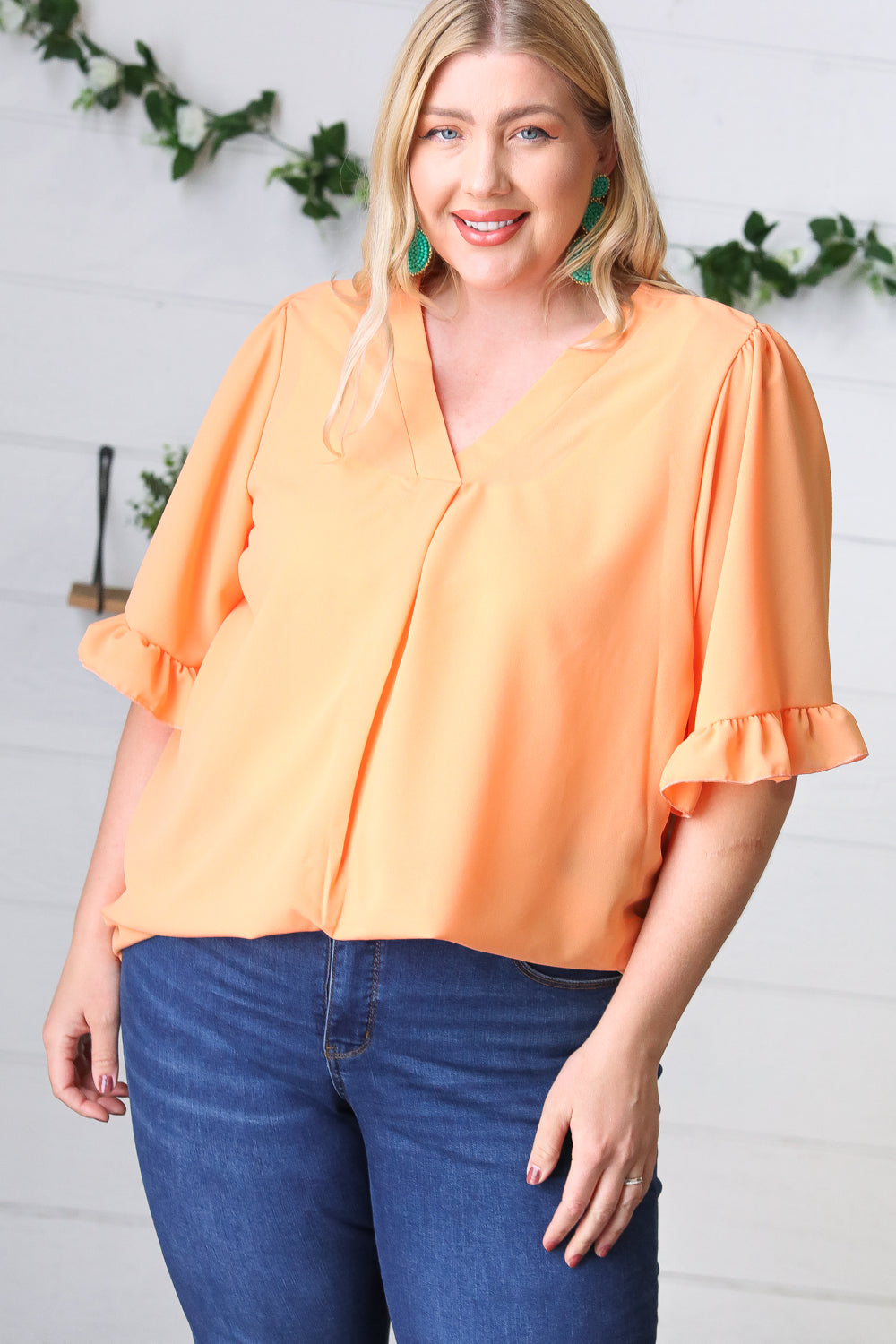 Peach Bell Sleeve V Neck Crepe Top