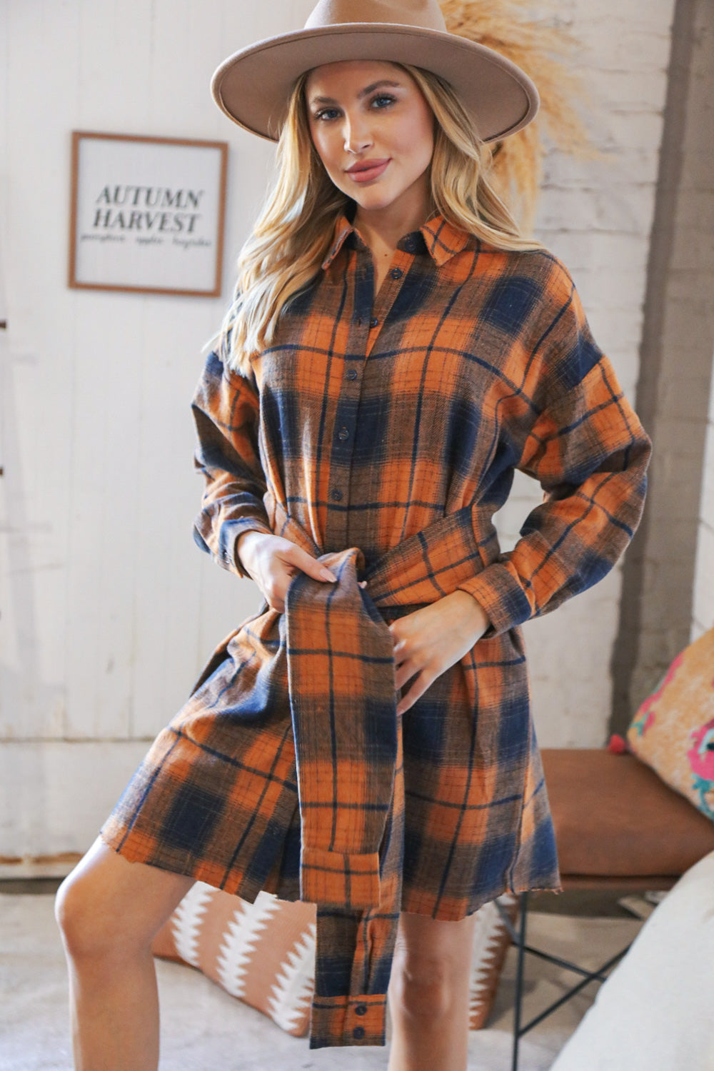 Navy/Rust Plaid Cotton Flannel Button Down Waist Tie Dress