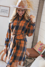 Load image into Gallery viewer, Navy/Rust Plaid Cotton Flannel Button Down Waist Tie Dress
