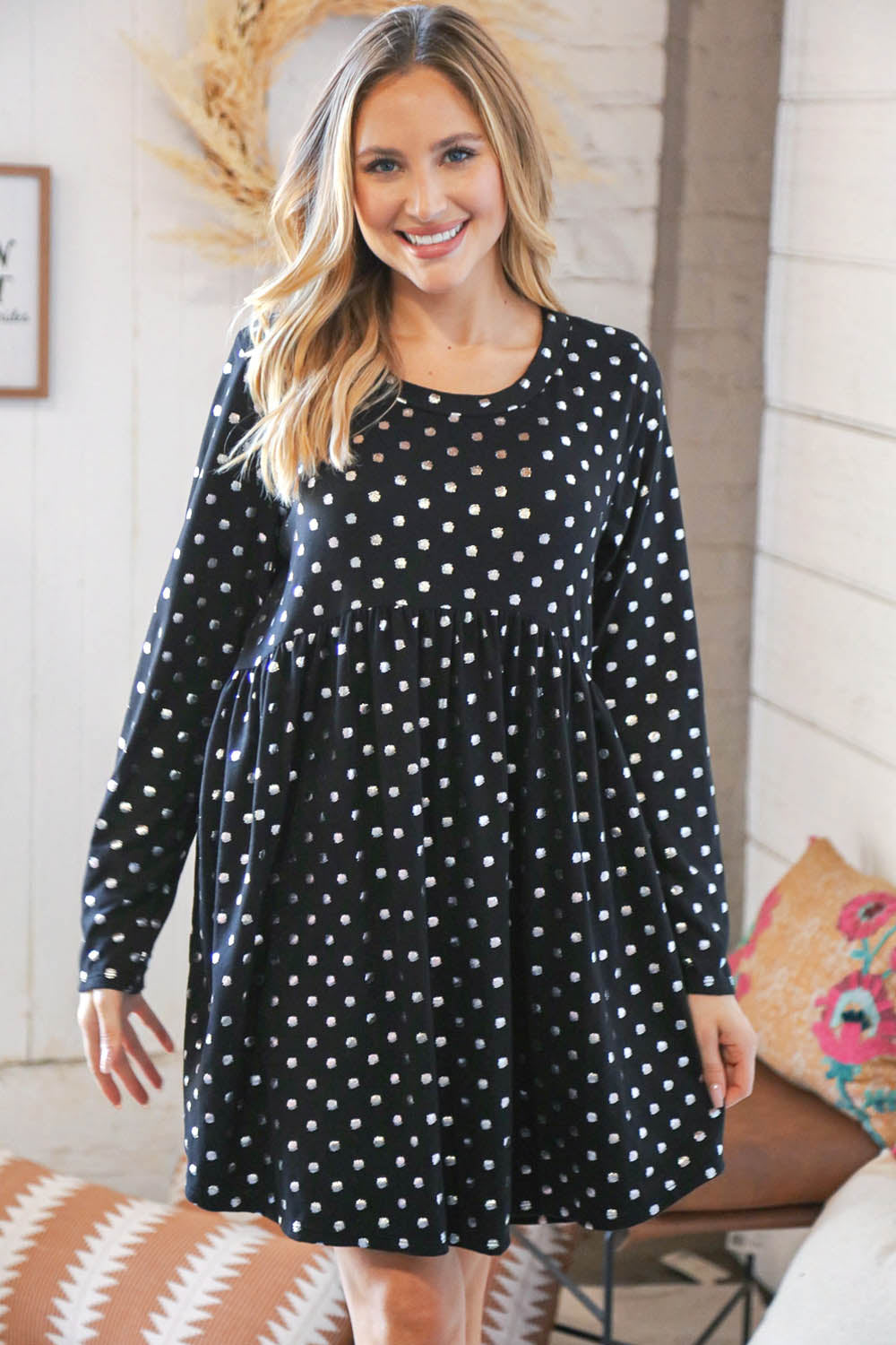 Black Hacci Dot Foil Babydoll Pocketed Dress