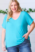 Load image into Gallery viewer, Bright Teal Ribbed V Neck Hi-Low Slit Top
