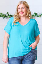 Load image into Gallery viewer, Bright Teal Ribbed V Neck Hi-Low Slit Top
