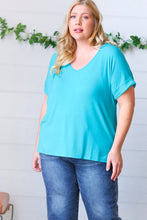 Load image into Gallery viewer, Bright Teal Ribbed V Neck Hi-Low Slit Top
