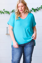 Load image into Gallery viewer, Bright Teal Ribbed V Neck Hi-Low Slit Top
