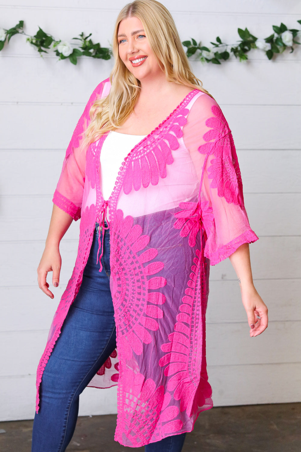 Fuchsia Crochet Lace Scallop Kimono