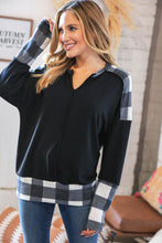 Load image into Gallery viewer, Black Buffalo Plaid Hacci Thumbhole Notched V Neck Top
