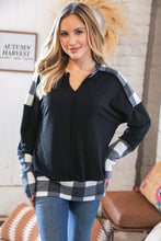 Load image into Gallery viewer, Black Buffalo Plaid Hacci Thumbhole Notched V Neck Top
