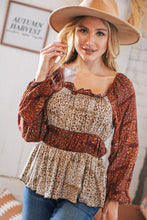 Load image into Gallery viewer, Taupe &amp; Rust Boho Floral Chiffon Tiered Woven Blouse
