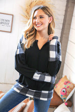 Load image into Gallery viewer, Black Buffalo Plaid Hacci Thumbhole Notched V Neck Top
