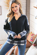 Load image into Gallery viewer, Black Buffalo Plaid Hacci Thumbhole Notched V Neck Top
