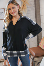 Load image into Gallery viewer, Black Buffalo Plaid Hacci Thumbhole Notched V Neck Top
