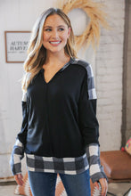 Load image into Gallery viewer, Black Buffalo Plaid Hacci Thumbhole Notched V Neck Top
