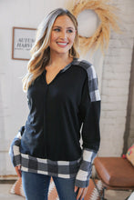 Load image into Gallery viewer, Black Buffalo Plaid Hacci Thumbhole Notched V Neck Top
