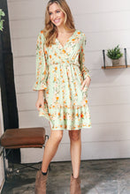 Load image into Gallery viewer, Mint Floral Stripe Surplice Neck Ruffle Dress
