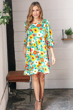 Load image into Gallery viewer, Flat Floral Square Neck Bubble Sleeve Midi Dress
