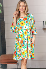 Load image into Gallery viewer, Flat Floral Square Neck Bubble Sleeve Midi Dress
