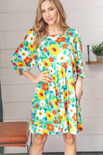 Load image into Gallery viewer, Flat Floral Square Neck Bubble Sleeve Midi Dress
