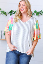 Load image into Gallery viewer, Multicolor Floral Patchwork Bell Sleeve Striped Top
