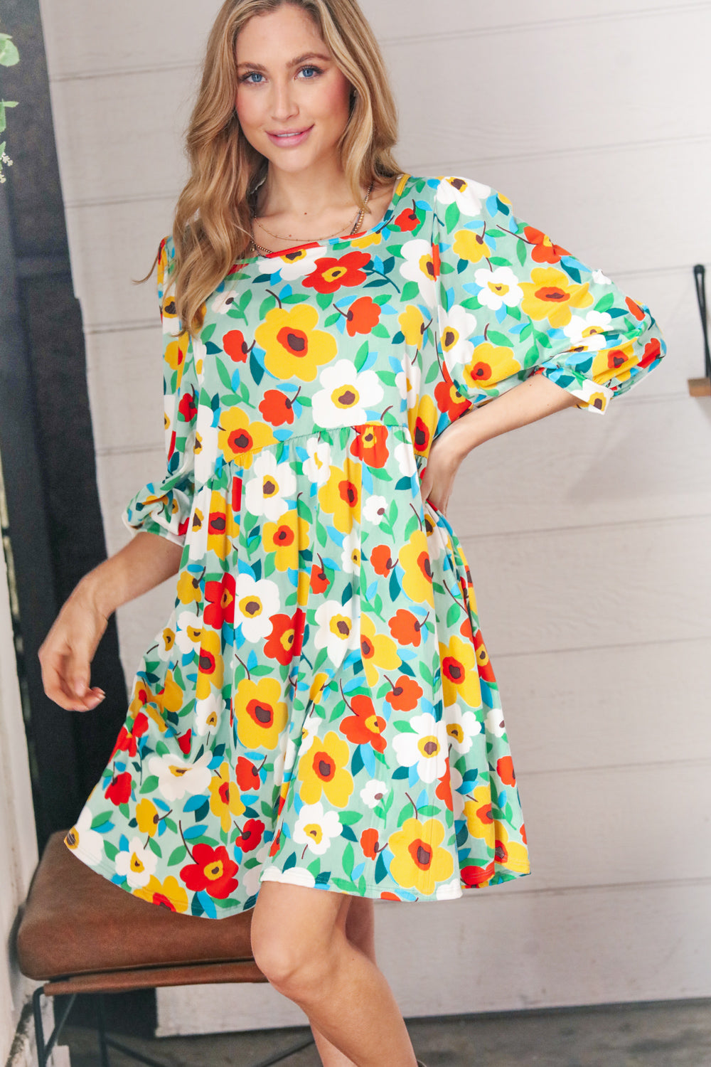 Flat Floral Square Neck Bubble Sleeve Midi Dress