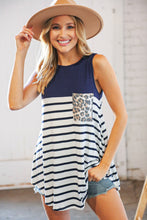 Load image into Gallery viewer, Navy &amp; Stripe Color Block Leopard Pocket Tank
