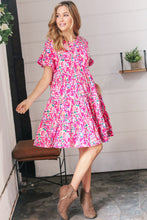 Load image into Gallery viewer, Fuchsia Floral Tiered Flutter Sleeve Pocketed Dress
