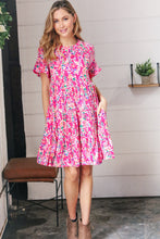 Load image into Gallery viewer, Fuchsia Floral Tiered Flutter Sleeve Pocketed Dress
