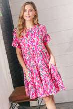 Load image into Gallery viewer, Fuchsia Floral Tiered Flutter Sleeve Pocketed Dress
