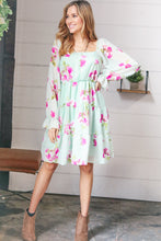 Load image into Gallery viewer, Mint Floral Chiffon Bubble Sleeves Multi-Tiered Lined Dress

