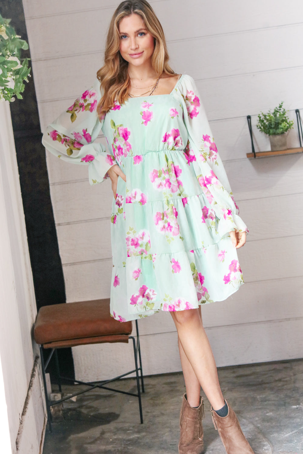 Mint Floral Chiffon Bubble Sleeves Multi-Tiered Lined Dress
